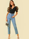 Surplice Neck Dot Mesh Puff Sleeve Top