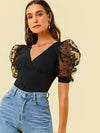Surplice Neck Dot Mesh Puff Sleeve Top
