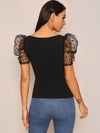 Square Neck Sheer Dobby Mesh Puff Sleeve Top
