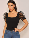 Square Neck Sheer Dobby Mesh Puff Sleeve Top