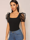 Square Neck Sheer Dobby Mesh Puff Sleeve Top