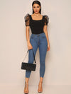 Square Neck Sheer Dobby Mesh Puff Sleeve Top