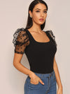 Square Neck Sheer Dobby Mesh Puff Sleeve Top