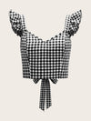Ruffle Strap Tied Open Back Buffalo Plaid Top