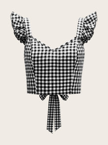  Ruffle Strap Tied Open Back Buffalo Plaid Top