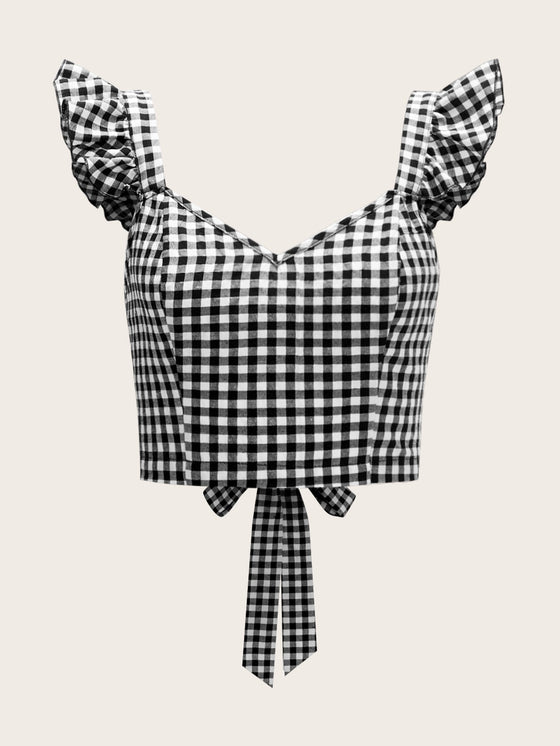 Ruffle Strap Tied Open Back Buffalo Plaid Top