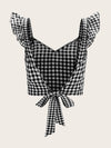 Ruffle Strap Tied Open Back Buffalo Plaid Top
