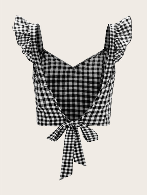 Ruffle Strap Tied Open Back Buffalo Plaid Top
