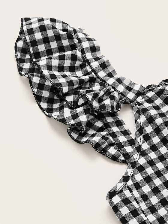 Ruffle Strap Tied Open Back Buffalo Plaid Top