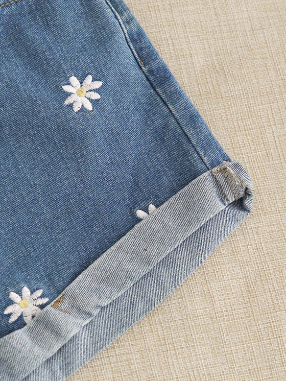 Daisy Floral Embroidery Denim Shorts