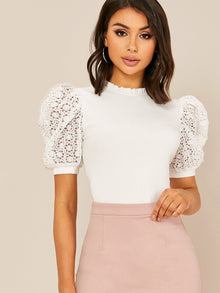  Frilled Neck Guipure Lace Puff Sleeve Rib knit Top