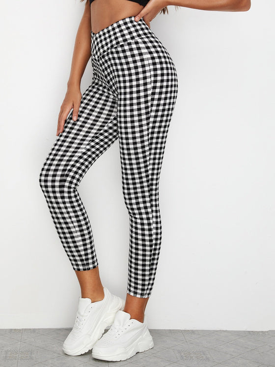 Overlap Waistband Cropped Gingham Leggings