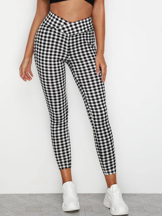Overlap Waistband Cropped Gingham Leggings