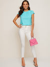 Scallop Trim Laser Cut Sleeve Pleated Detail Top