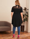 Plus Mock neck Mesh Yoke Dip Hem Peplum Top Without Belt