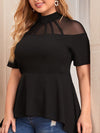 Plus Mock neck Mesh Yoke Dip Hem Peplum Top Without Belt