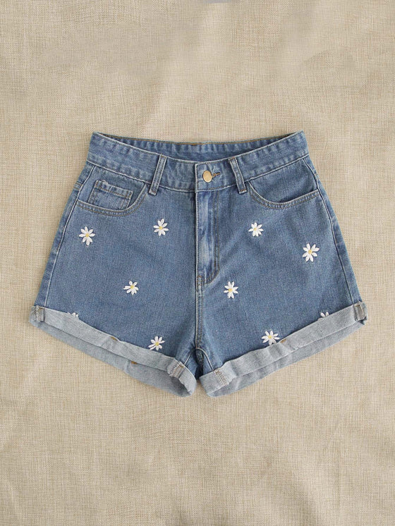 Daisy Floral Embroidery Denim Shorts
