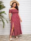 Plus Off Shoulder Shirred Split Ditsy Floral Dress