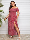 Plus Off Shoulder Shirred Split Ditsy Floral Dress