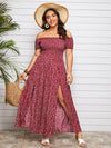 Plus Off Shoulder Shirred Split Ditsy Floral Dress