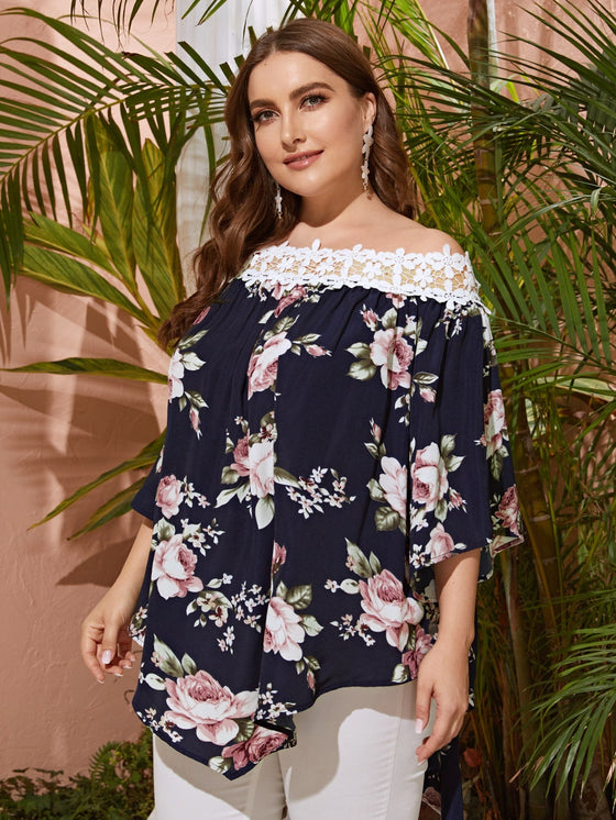 Plus Contrast Guipure Lace Dip Hem Bardot Floral Top