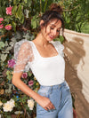 Square Neck Sheer Dobby Mesh Puff Sleeve Top