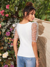 Square Neck Sheer Dobby Mesh Puff Sleeve Top