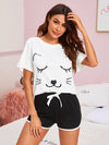 Cartoon Cat Graphic Tee Dolphin Shorts Set