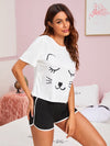 Cartoon Cat Graphic Tee Dolphin Shorts Set