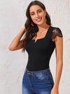 Notched Neck Lace Sleeve Fitted Top