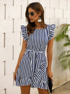 Striped Wrap Ruffle Hem Belted Dress