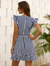 Striped Wrap Ruffle Hem Belted Dress