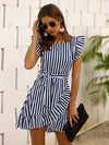 Striped Wrap Ruffle Hem Belted Dress