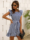 Striped Wrap Ruffle Hem Belted Dress