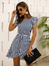 Striped Wrap Ruffle Hem Belted Dress