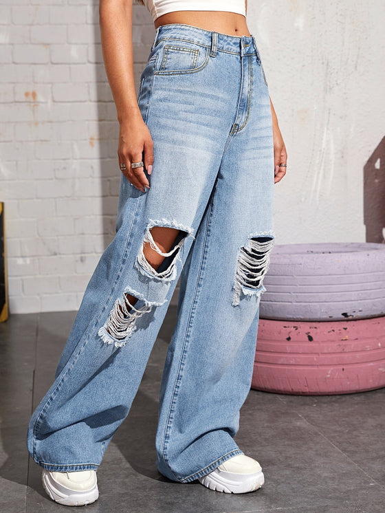 High Waisted Distressed Baggy Jeans Without Bag