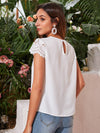 Scallop Trim Laser Cut Sleeve Pleated Detail Top