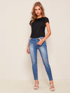Scallop Trim Laser Cut Sleeve Pleated Detail Top