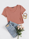 V Neck Lettuce Trim Rib knit Crop Top