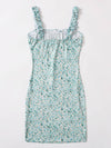 Tie Neck Ruched Bust Frill Trim Ditsy Floral Dress