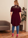 Plus Mock neck Mesh Yoke Dip Hem Peplum Top Without Belt