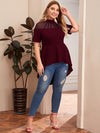 Plus Mock neck Mesh Yoke Dip Hem Peplum Top Without Belt