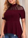 Plus Mock neck Mesh Yoke Dip Hem Peplum Top Without Belt