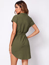 Notched Neck Self Belted Curved Hem Dress