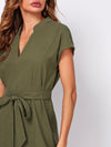 Notched Neck Self Belted Curved Hem Dress