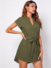 Notched Neck Self Belted Curved Hem Dress
