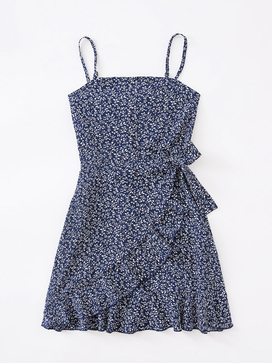 Girls Ruffle Trim Tie Side Allover Plant Cami Dress