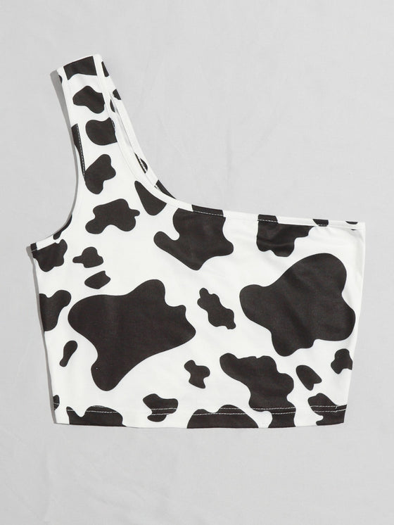 One Shoulder Cow Print Crop Top