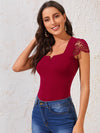 Notched Neck Lace Sleeve Fitted Top
