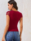 Notched Neck Lace Sleeve Fitted Top